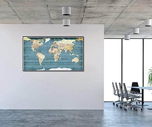 WELMECO XLarge Kék Rusztikus Fa Háttér Részletes Világ Térkép Vászon Nyomtat Prémium Fekete Keret Vintage